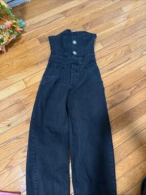 H&M Black Denim Strapless Jumpsuit with Embellished Buttons